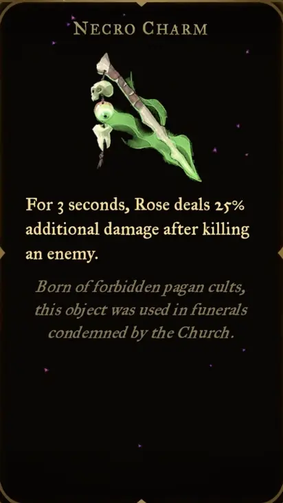 Necro Charm Relic card showing 25% additional damage for 3 seconds after an enemy is killed