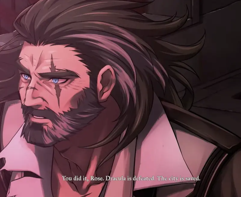Trevor Belmont confirming that Dracula has been defeated and Paris is saved