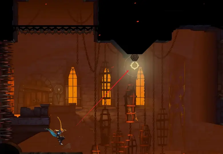 Rose aiming the Arcane Whip toward the hanging ring beneath the locked ceiling panel in Upper Tower