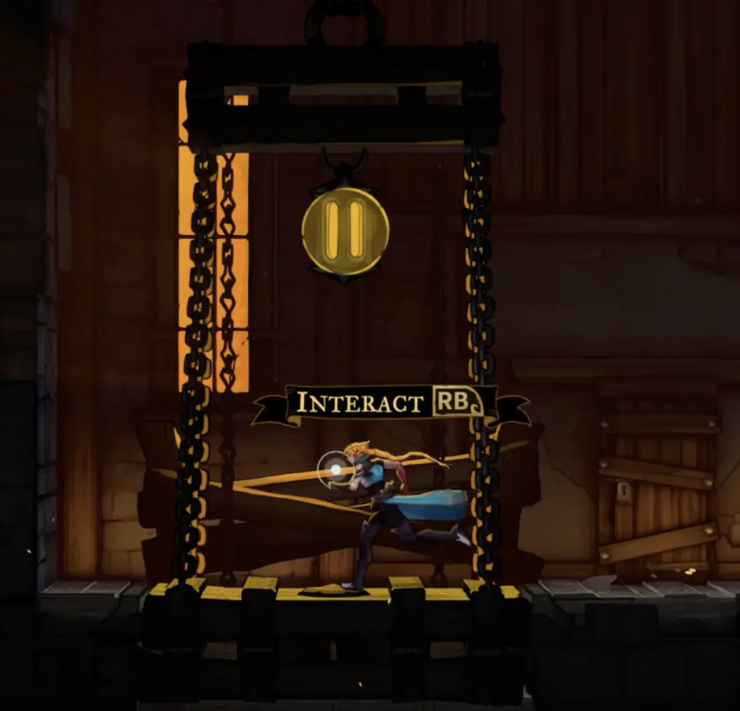 Rose standing on the suspended lift platform in Prison Tower with the Interact RB prompt visible