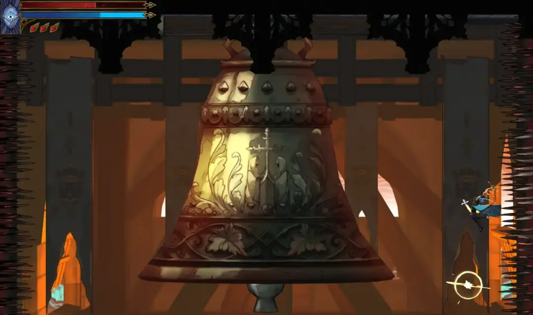 Large hanging Bell of Virtue inside a chamber lined with spikes on both sides
