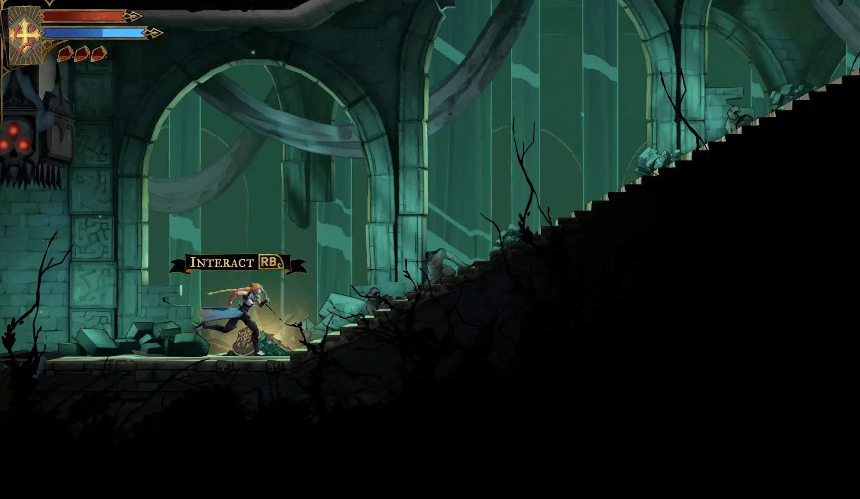Rose standing beside a glowing interactive pickup at the base of a rising rubble-covered passage