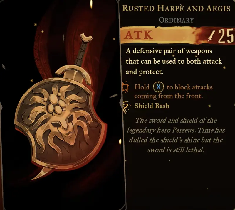 Rusted Harpe and Aegis weapon card displaying ATK 25, frontal blocking, and Shield Bash