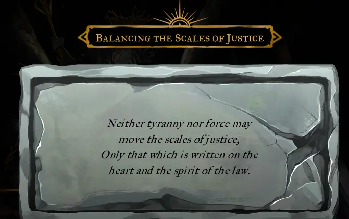 Balancing the Scales of Justice spirit clue describing a figure trapped inside the Tree of Justice