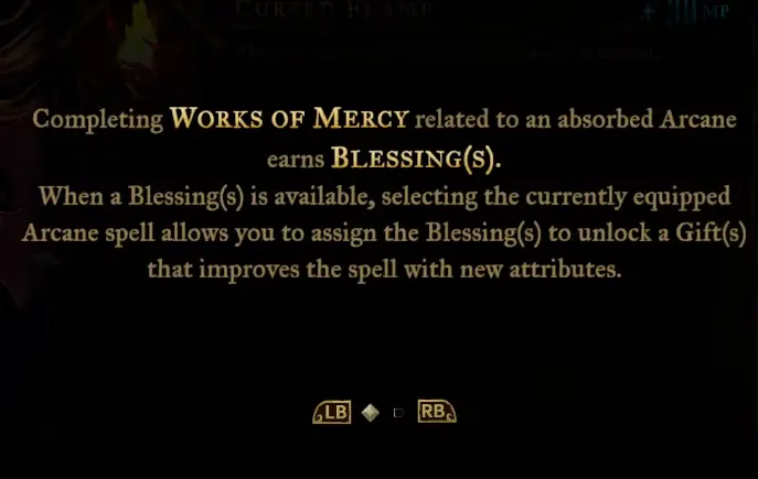 Works of Mercy menu displaying Arcana objectives and Blessing progression