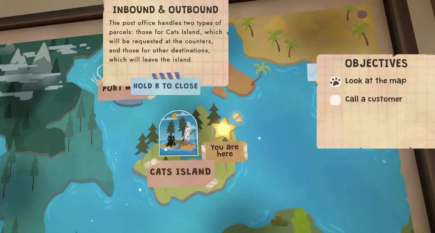 Cat Mail Co tutorial showing Cat Island parcels and outgoing destination parcels