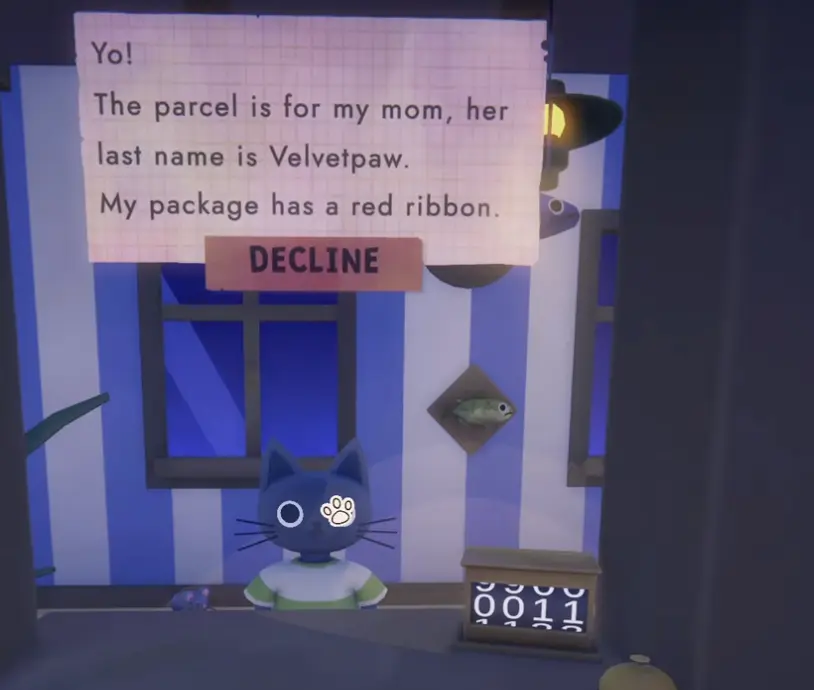 Cat Mail Co customer pickup request with a red ribbon clue