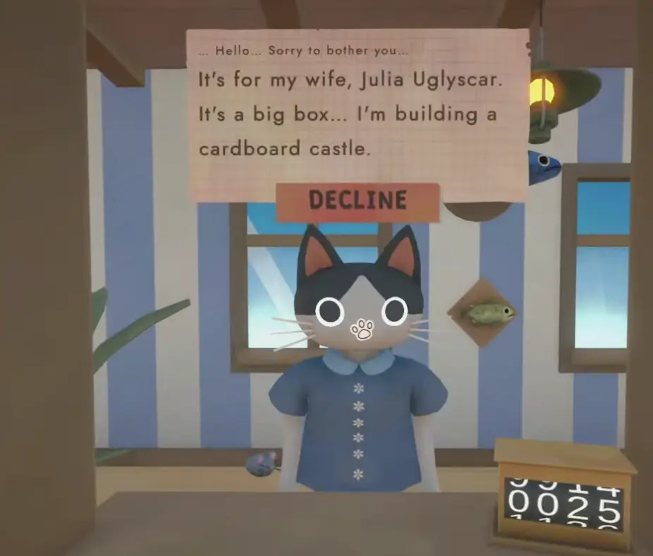 Cat Mail Co customer clue mentioning a wife during parcel sorting