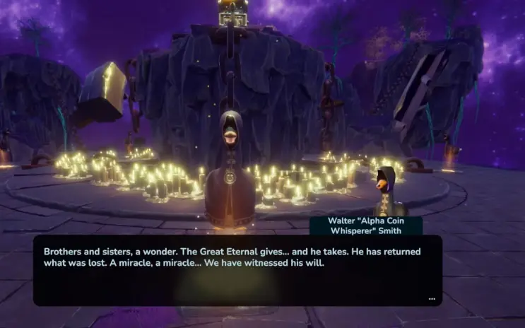 Brother Lewis being returned during the Eternal Spinner ritual in Chop Chop Inc