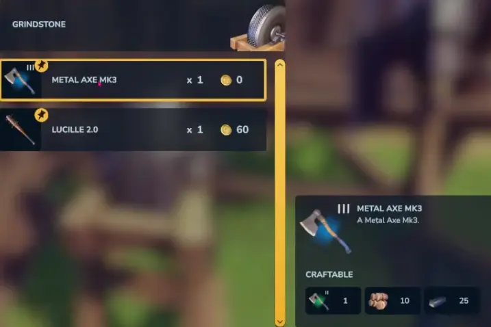 Metal Axe Mk3 requiring 10 Wood and 25 Metal Ingots in Chop Chop Inc