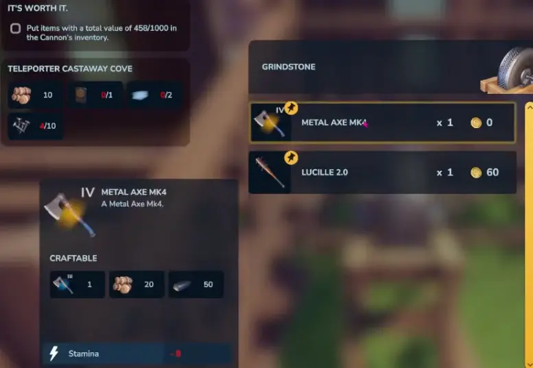 Metal Axe Mk4 requiring 20 Wood and 50 Metal Ingots in Chop Chop Inc
