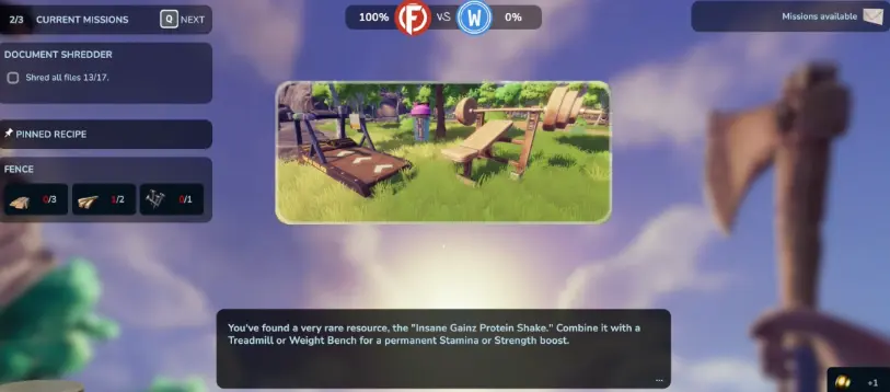 Insane Gains Protein Shake explaining permanent stat boosts in Chop Chop Inc