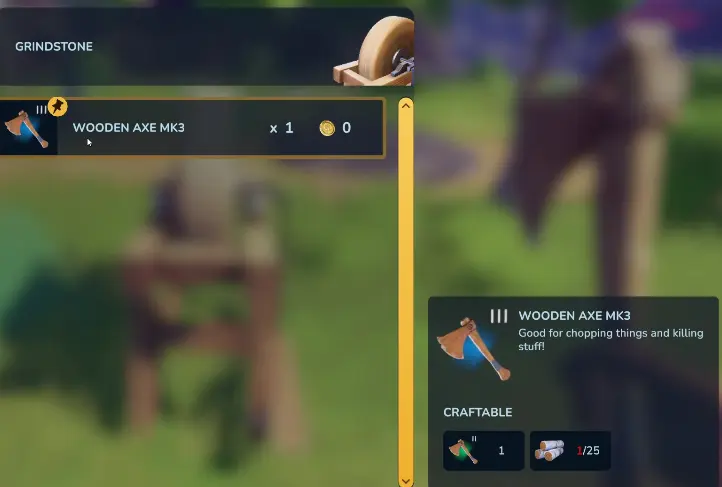 Wooden Axe Mk3 requiring the previous axe and 25 Birch Wood in Chop Chop Inc