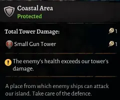 Corsair Cove Coastal Area warning that enemy Health exceeds the current tower damage