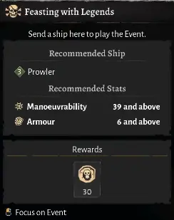 Corsair Cove Feasting with Legends event requiring 39 Maneuverability and 6 Armour