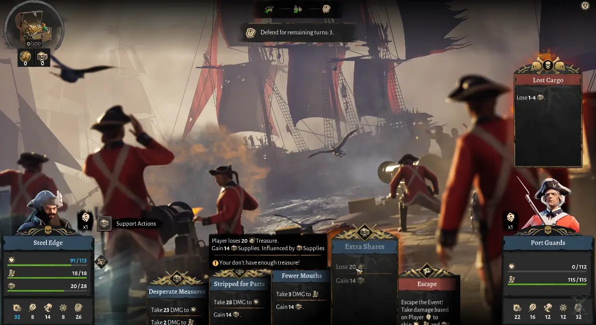 Corsair Cove Support Actions exchanging Treasure, Hull, or Crew for 14 Supplies