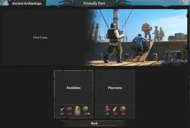 Corsair Cove Friendly Port recruitment options restoring eight Crew for Coin and an Upkeep resource