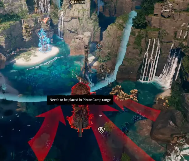Corsair Cove Gun Tower placement failing because the location is outside Pirate Camp range