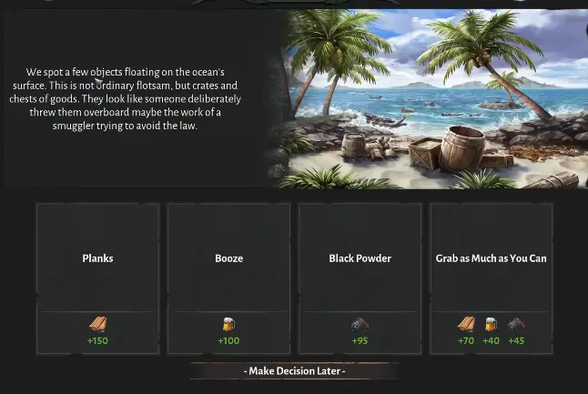 Corsair Cove Jetsum event offering Planks, Booze, Black Powder, and a mixed cargo option