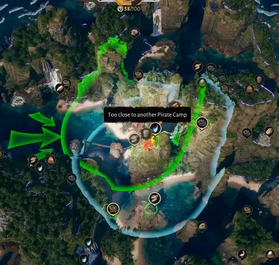 Corsair Cove Pirate Camp placement preview covering a Pier and several useful resource deposits