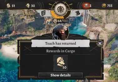 Corsair Cove ship returning with a Treasure Cave reward of 50 Drifters
