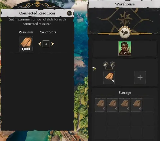 Corsair Cove Warehouse controls showing 15 available resource slots