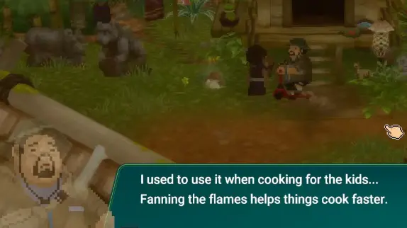 Dave the Diver In the Jungle fan upgrade dialogue saying fanning the flames helps things cook faster