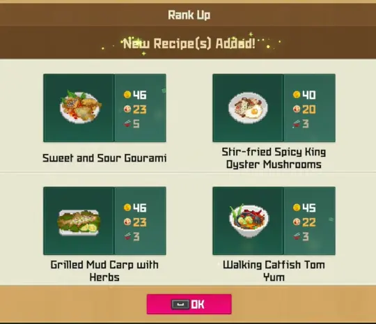 Dave the Diver In the Jungle Bancho Grill rank up rewards showing new recipes