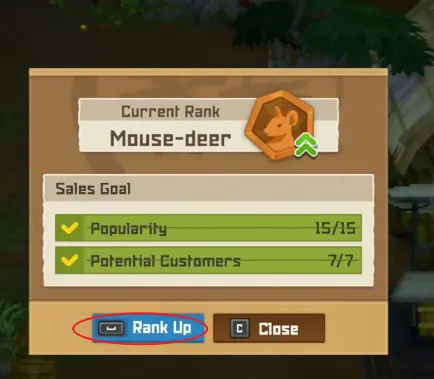 Dave the Diver In the Jungle Bancho Grill rank up screen showing Mouse-Deer rank, Popularity 15 out of 15, and Potential Customers 7 out of 7