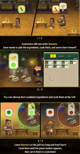 Dave the Diver In the Jungle skewer tutorial showing ingredients, grill timing, green marker, and burning risk