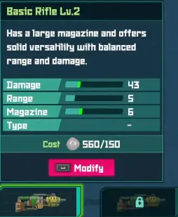 Dave the Diver In the Jungle Basic Rifle Lv.2 stats showing 43 damage 5 range and 6 magazine