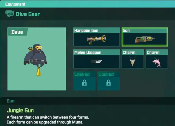 Dave the Diver In the Jungle equipment menu showing Jungle Gun forms