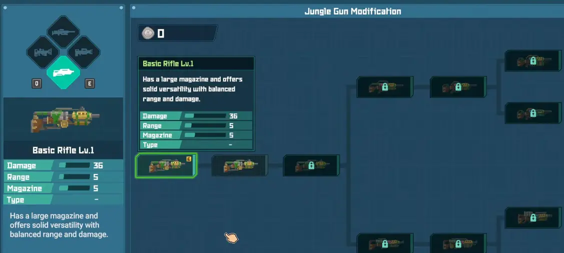 Dave the Diver In the Jungle Jungle Gun modification tree showing Basic Rifle Lv.1