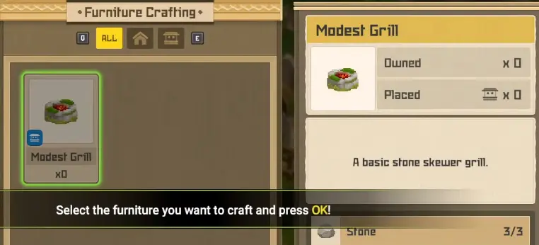 Dave the Diver In the Jungle Furniture Crafting screen showing Modest Grill