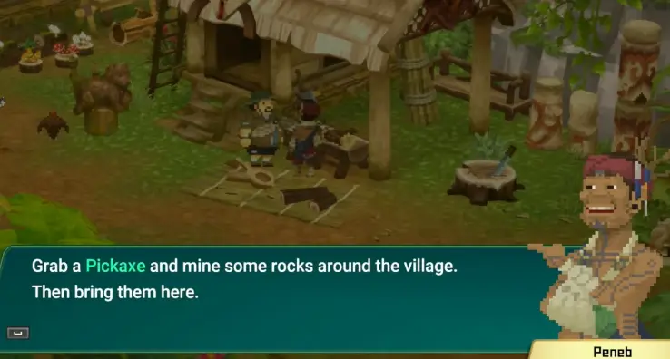 Dave the Diver In the Jungle Peneb saying Dave needs a pickaxe and rocks for the Skewer Grill