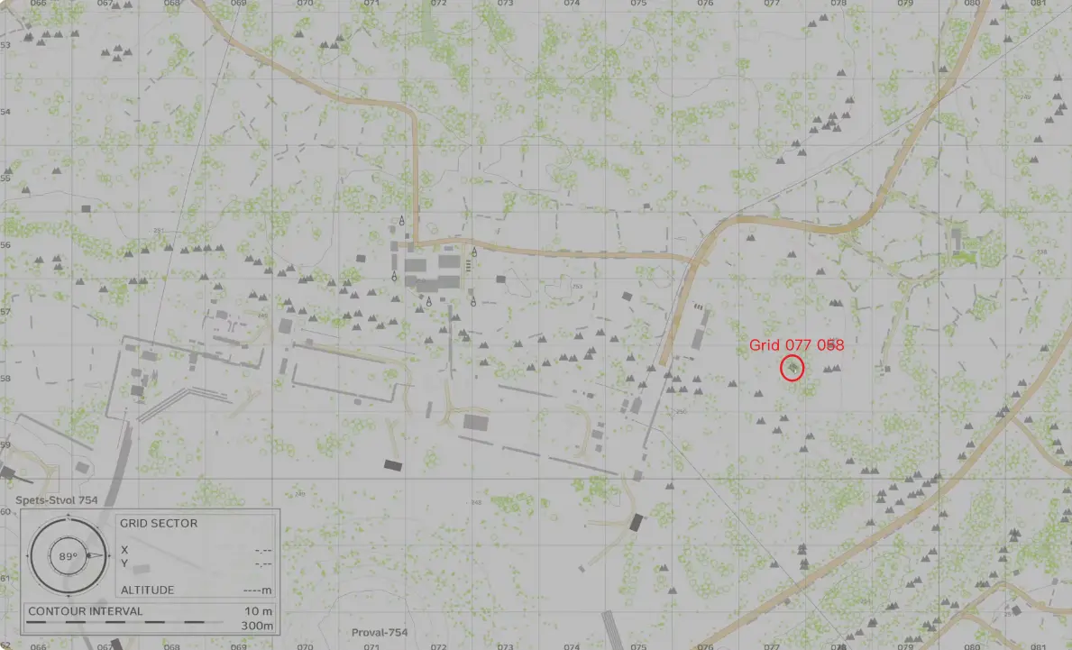 Annotated Nasdara map marking the example grid reference 077 058