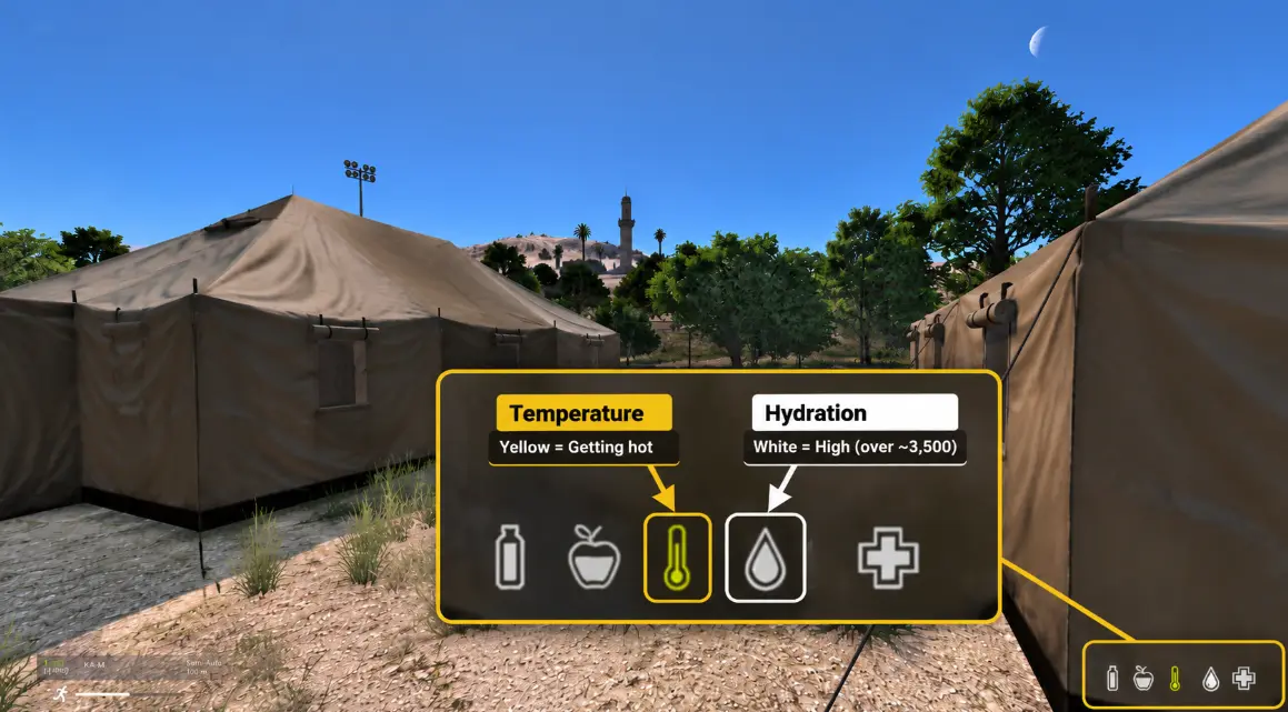 DayZ Badlands HUD showing a yellow temperature indicator and white hydration icon