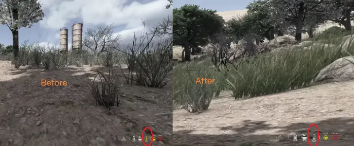 DayZ Badlands survivor recovering temperature in tree shade during a desert crossing