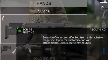 SCR16 rifle inventory display showing its condition and 5.56x45mm ammunition type