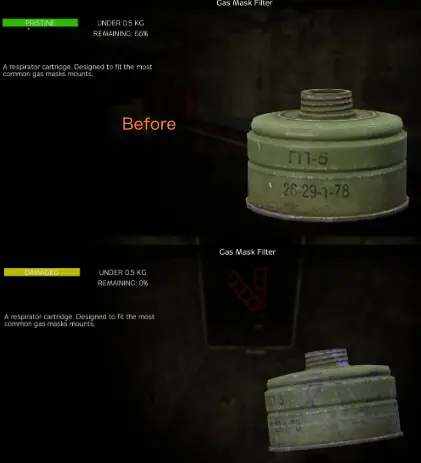 DayZ Badlands inventory comparing a usable gas mask filter with an exhausted filter showing zero percent remaining