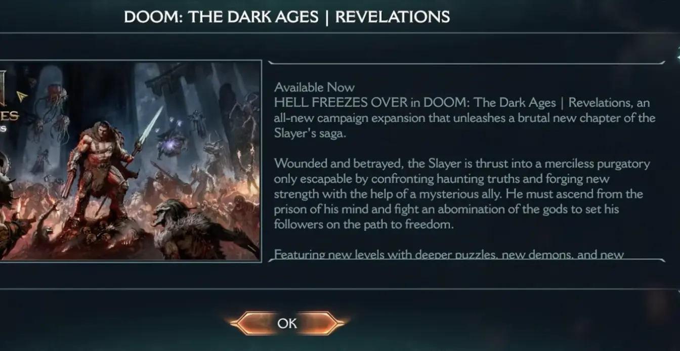 DOOM The Dark Ages Revelations DLC menu showing new campaign, Chain Spear, and Ripatorium 3.0 content
