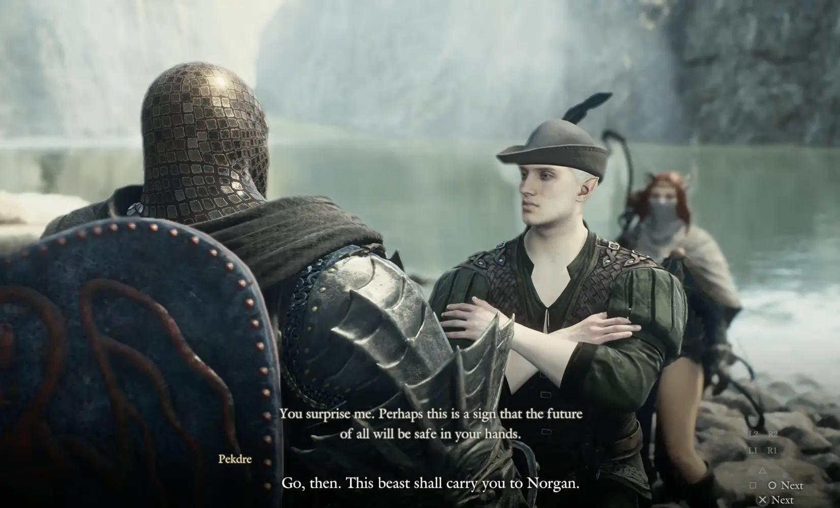 Pekdre confirming that the Arisen can travel to Norgan after agreeing to continue