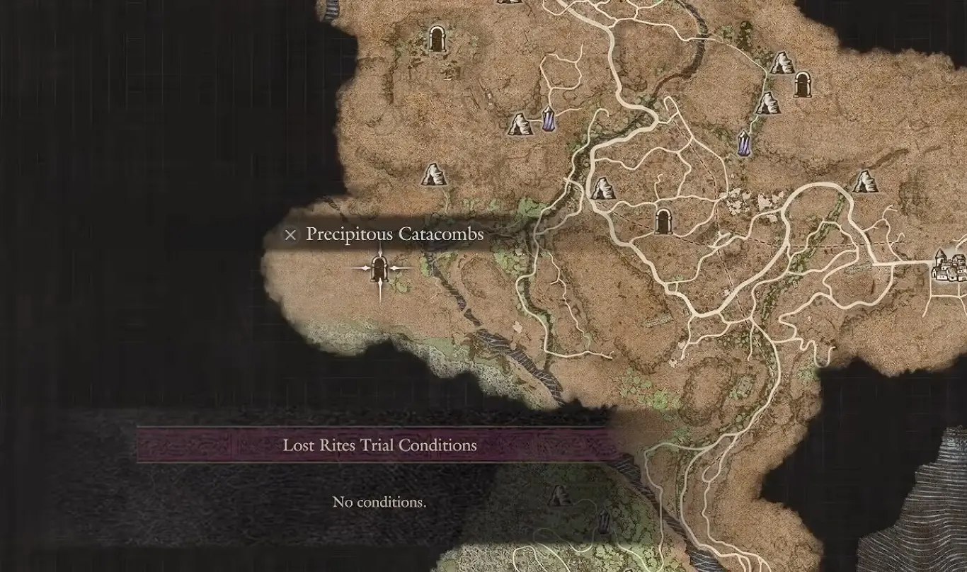 Precipitous Catacombs map location on a raised western Battahl cliff