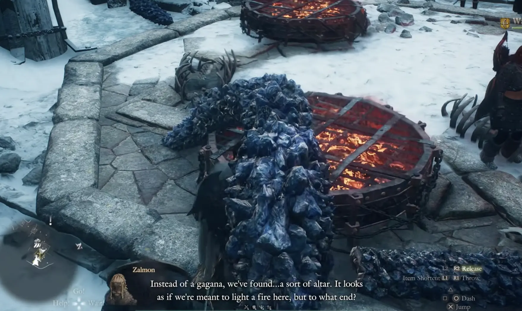 A Nekkon corpse being placed onto a burning pyre in Gagana's summoning ritual