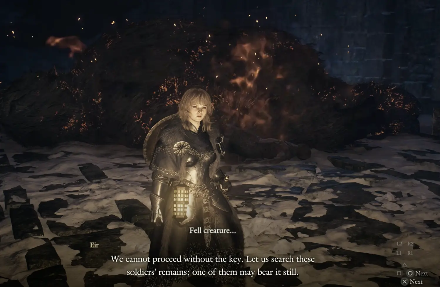 Eir explaining that a fallen soldier may still carry the key to the lower Morria Temple door