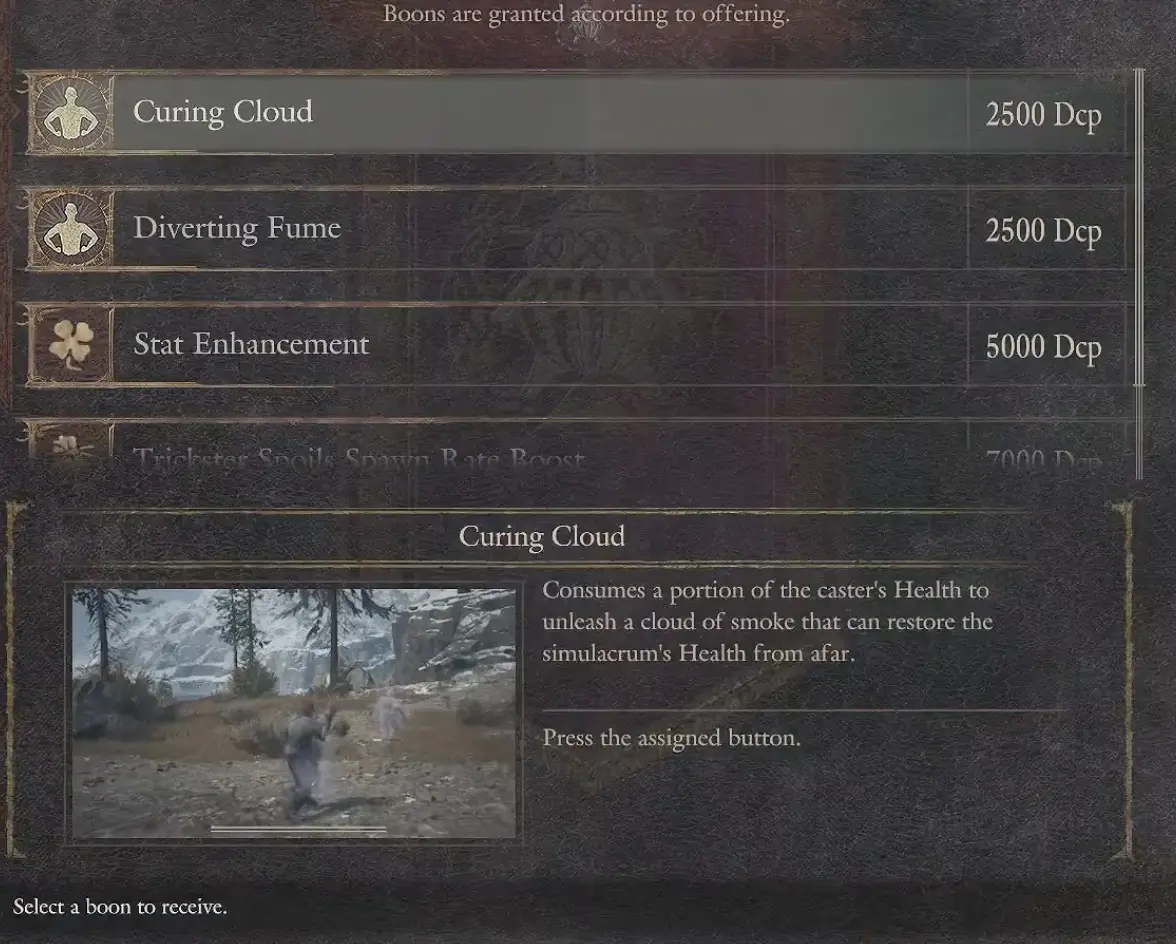 Trickster Obelisk menu showing Curing Cloud and Diverting Fume at 2500 Dcp each, a 5000 Dcp stat enhancement, and a Spoils bonus