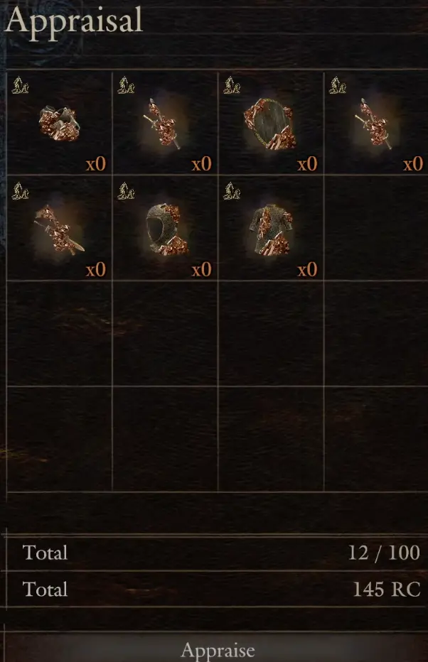 Batch Relic Appraisal at Jiera showing a total Rift Crystal cost of 145 RC
