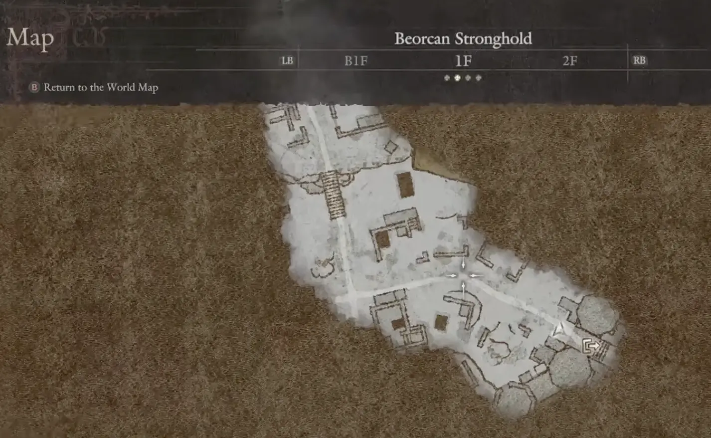 Beorcan Stronghold first-floor map showing dark rectangular areas among the courtyard ruins