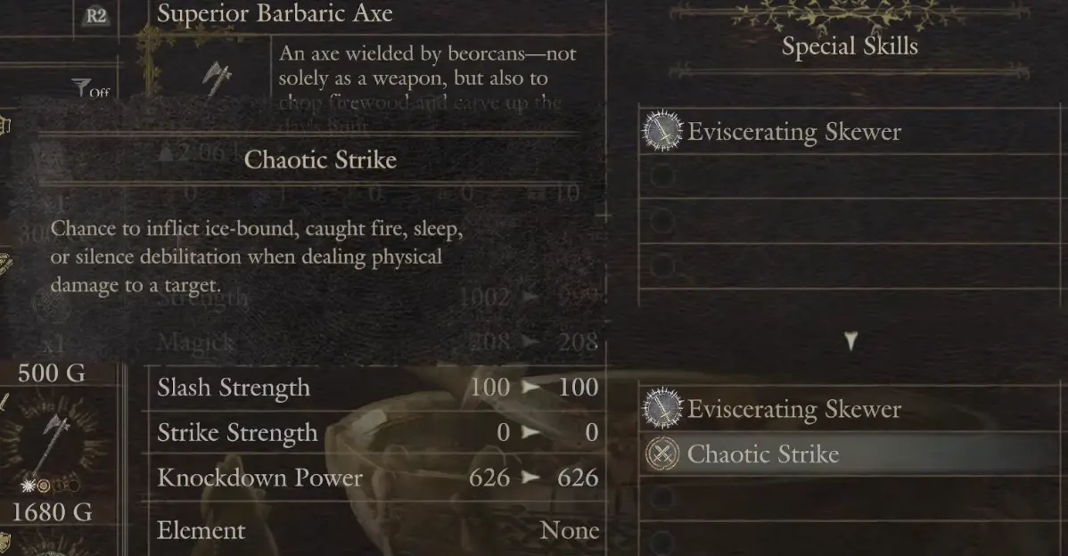 Superior Barbaric Axe comparison showing Chaotic Strike alongside Eviscerating Skewer without changing base attack and knockdown values