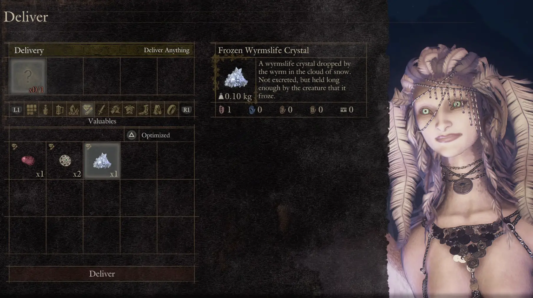 Frozen Wyrmslife Crystal in the Valuables inventory beside the Sphinx's delivery slot